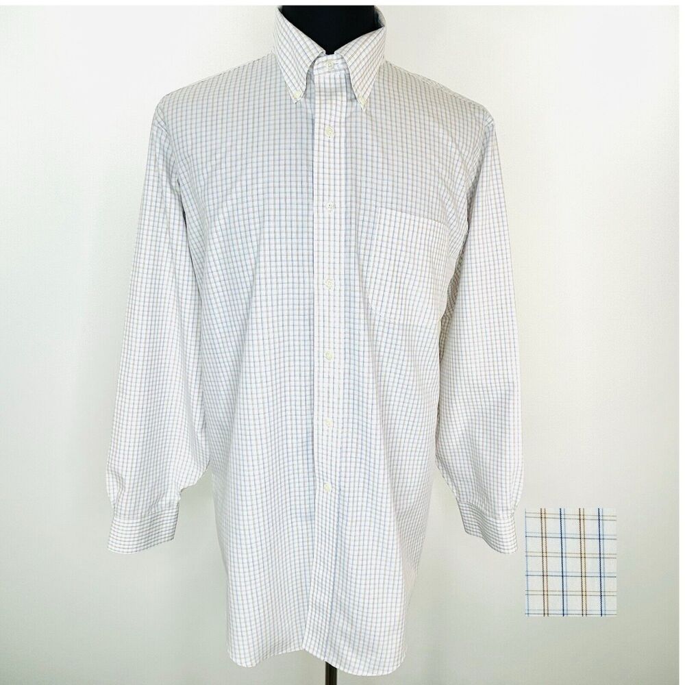 Brooks Brothers Shirt Men’s 16.5 -34 Large White Blue 100% Cotton Plaid Non-Iron
